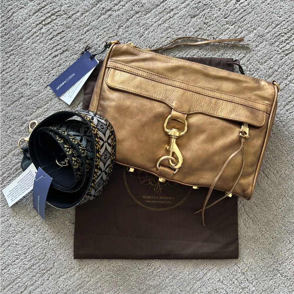 Rebecca Minkoff Bundle Metallic Gold Leather Crossbody and Guitar Strap